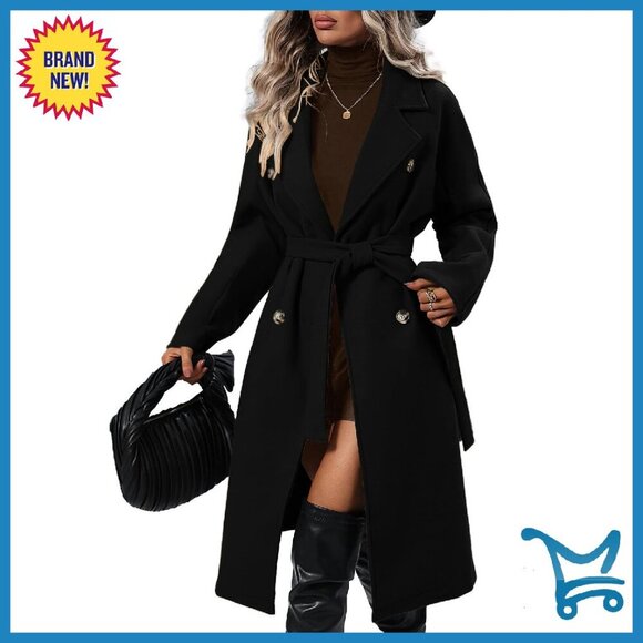Wool Blend Pea Coat with Belt Double Breasted Lapel Collar Winter Overcoat